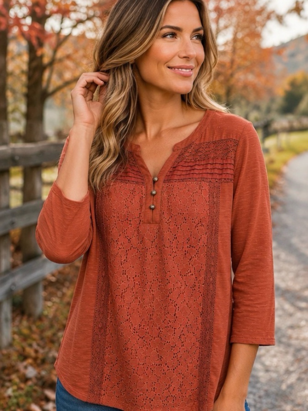 Style & Co Lace Detail 3/4 Sleeve Top – Rust – Size Large